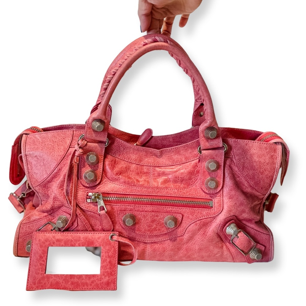 Balenciaga Pink Rose Leather Giant Silver Hardware Motorcycle City Bag AUTHENTIC